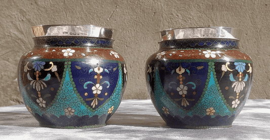 19th Century Antique Japanese Meiji Goldstone Cloisonne Enamel English Silver Vases