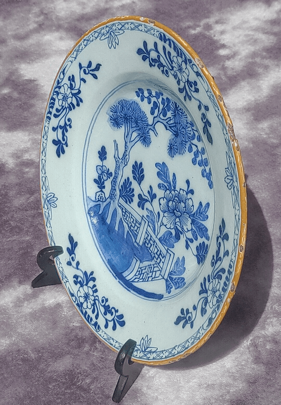 18th Century Dutch Delft Porceleyne Bijl Chinoiserie Ceramic Pottery Dish Plate