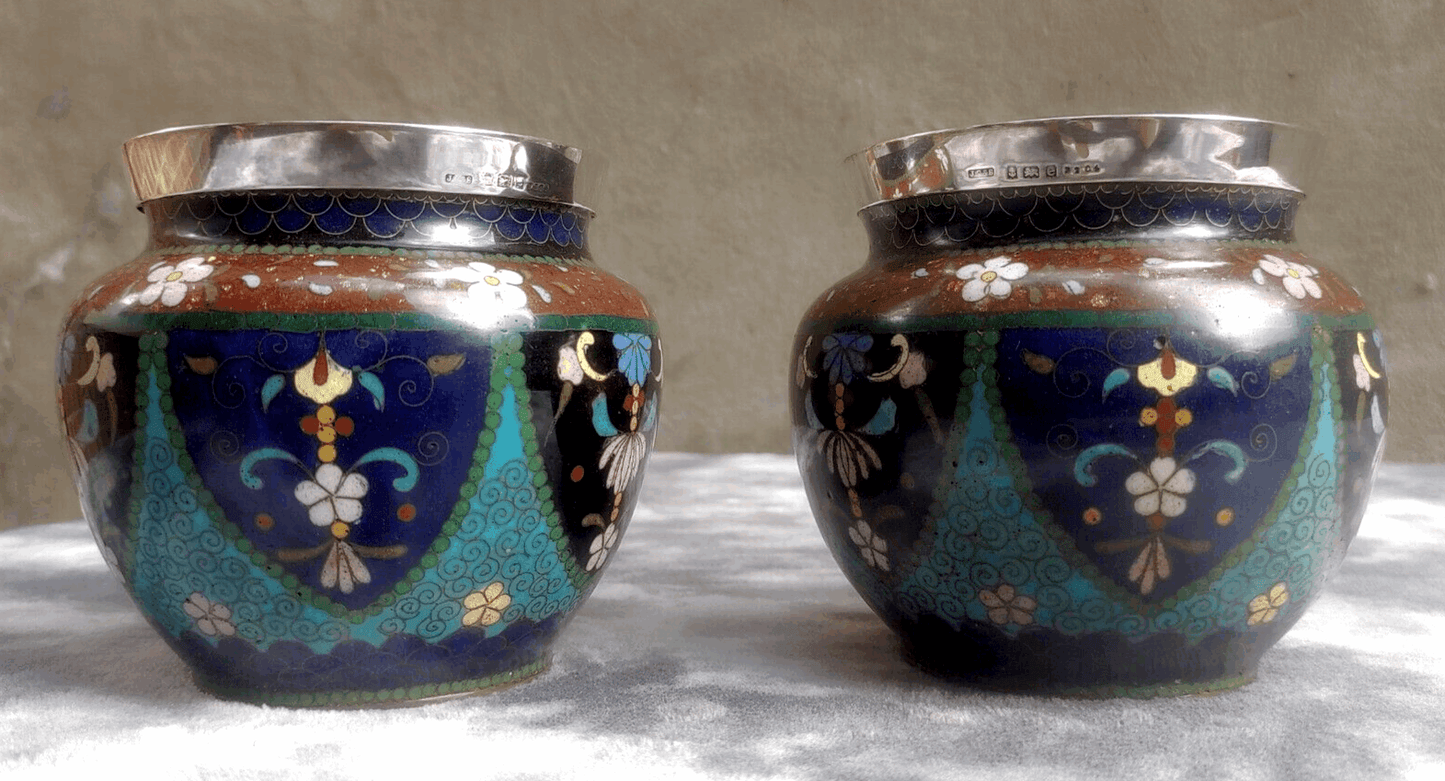 19th Century Antique Japanese Meiji Goldstone Cloisonne Enamel English Silver Vases