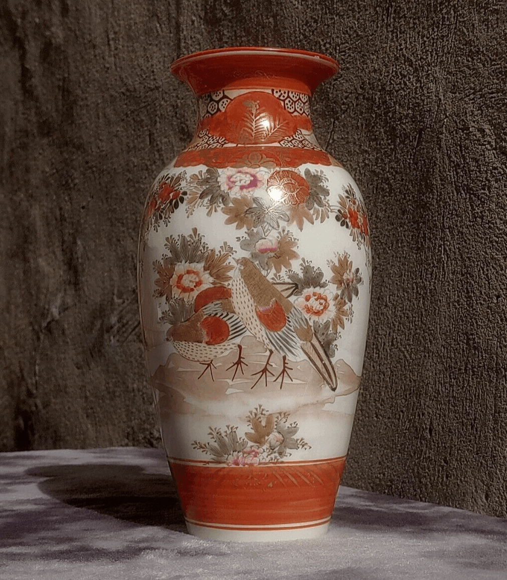 19th Century Antique Japanese Meiji Signed Kutani Tsukuru Quail Vase - 20.5 cm