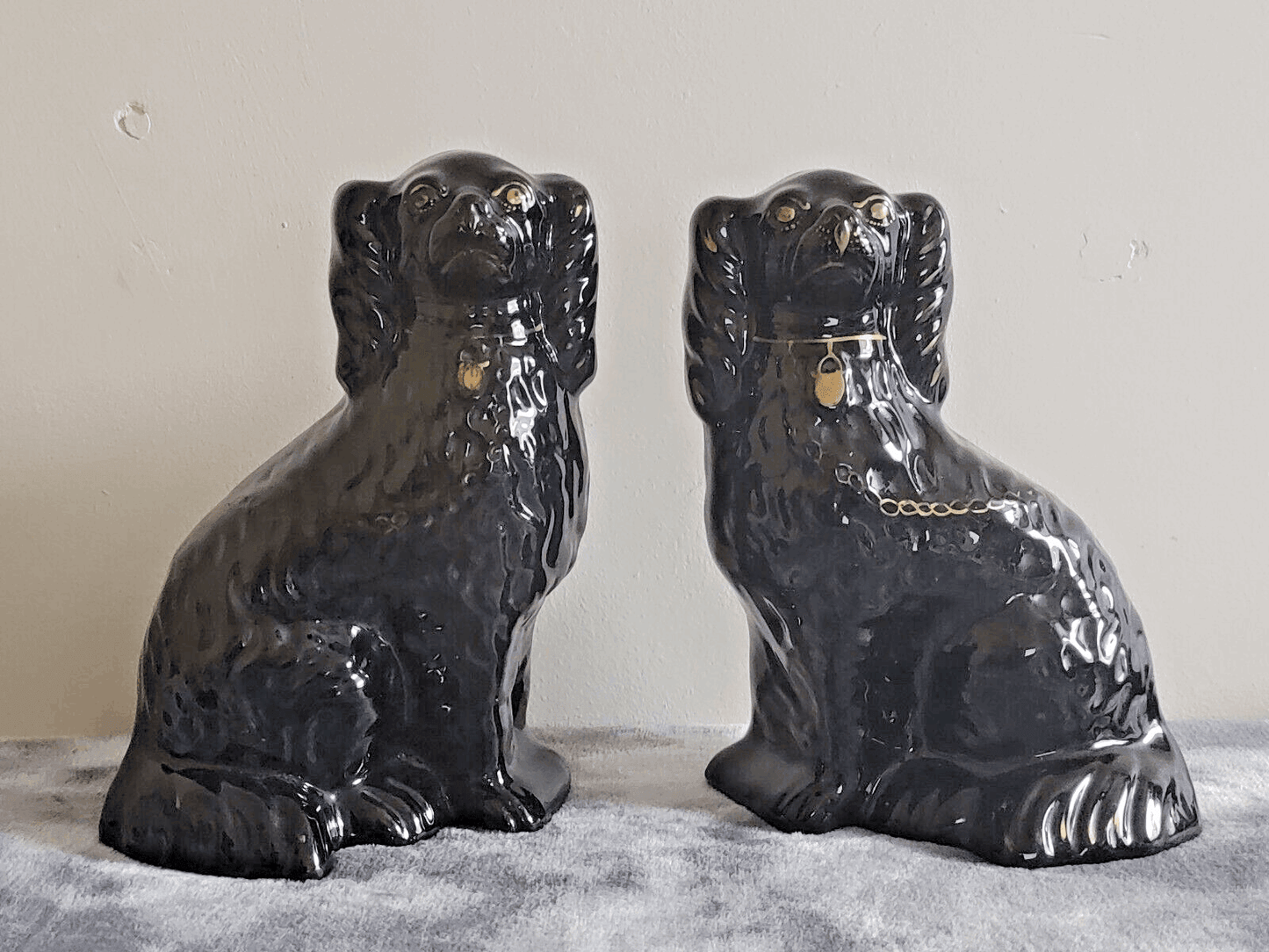 19th Century Antique Staffordshire Pottery Mantle Black Jackfield Spaniel Dogs Pair