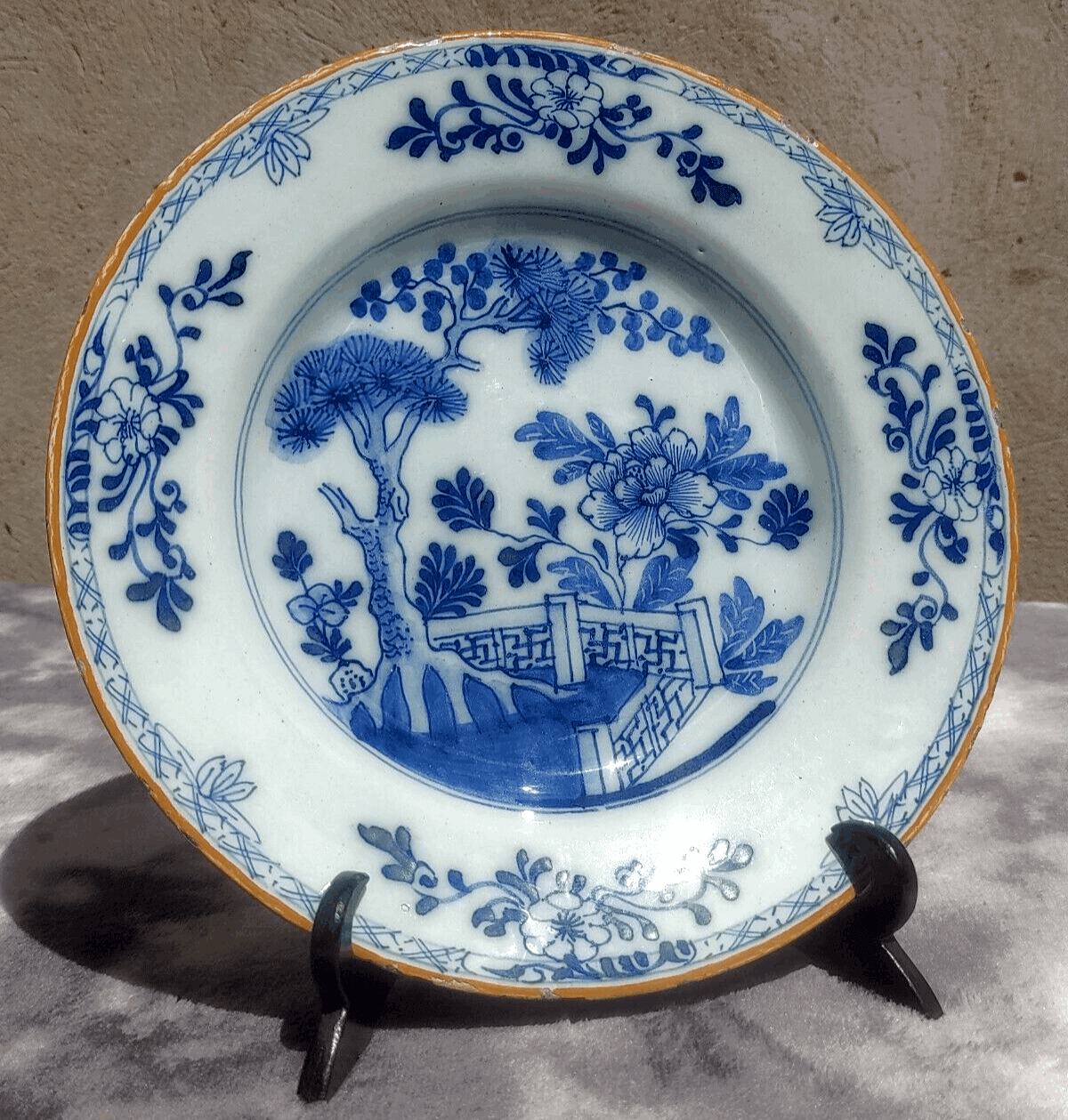 18th Century Dutch Delft Porceleyne Bijl Chinoiserie Ceramic Pottery Dish Plate