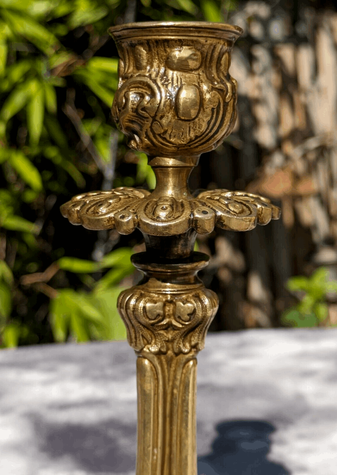 19th Century Antique Pair of Ornate Rococo Brass Candlestick Holders - 20.5 cm