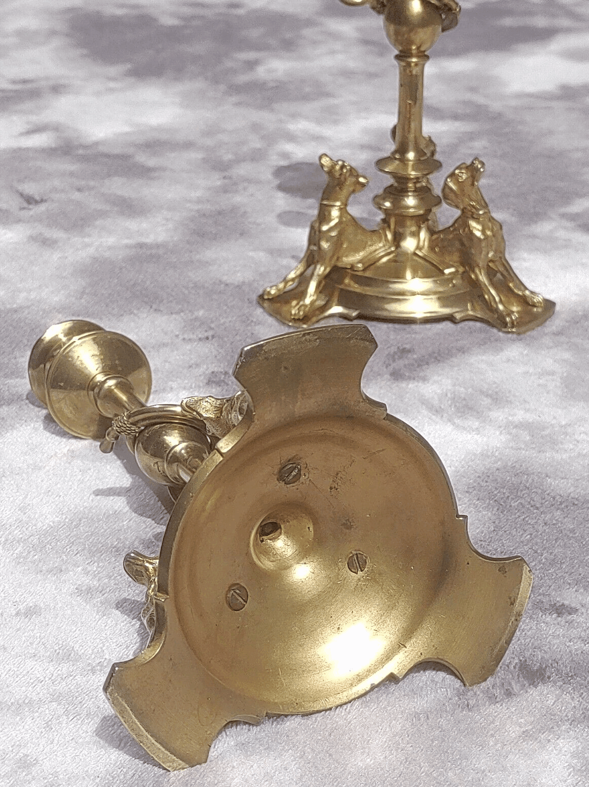 19th Century Antique Pair of Brass Hunting Dog Trophy Candlestick Holders - 20 cm