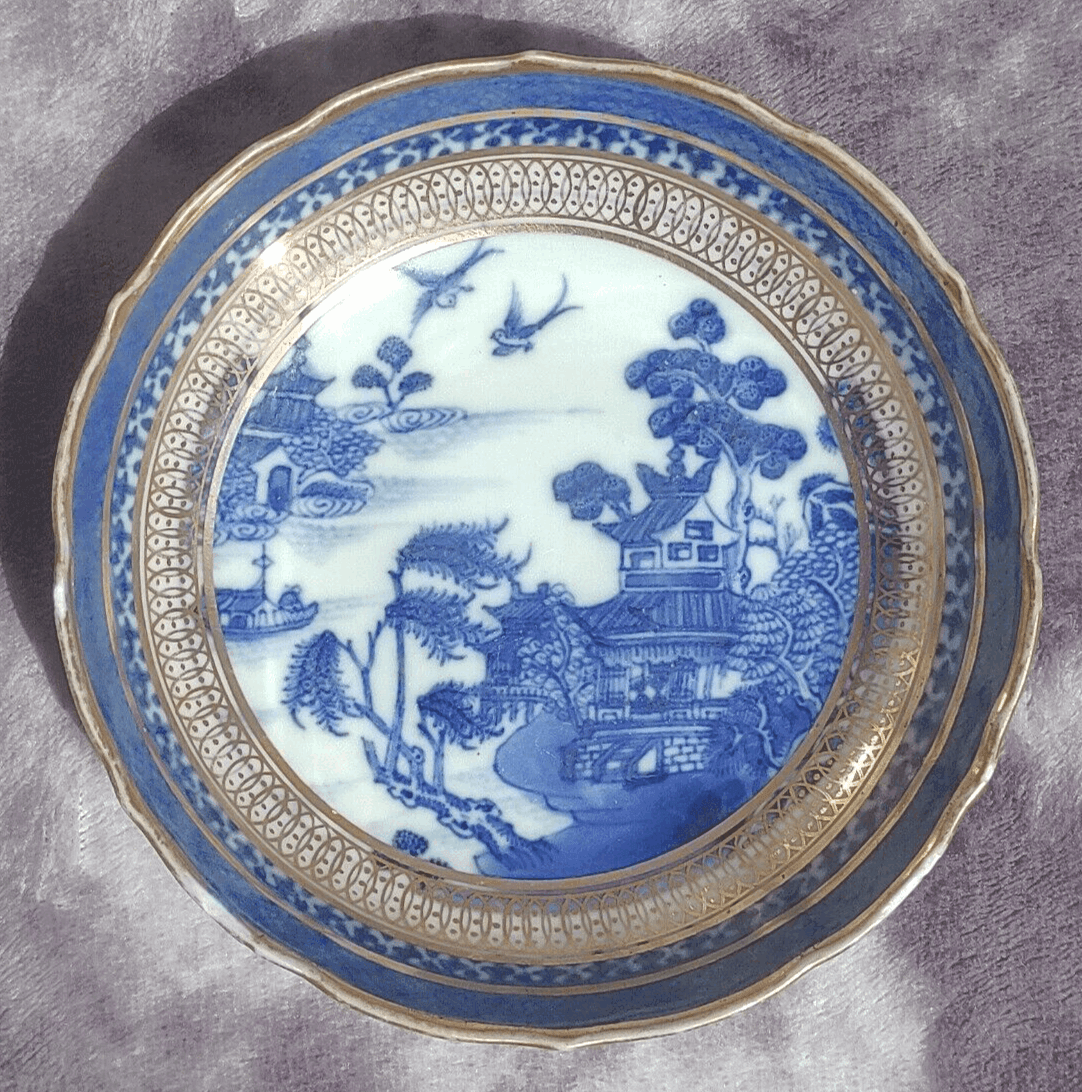 18th Century Caughley Blue White Chinoiserie Porcelain Saucer Bowl Dish