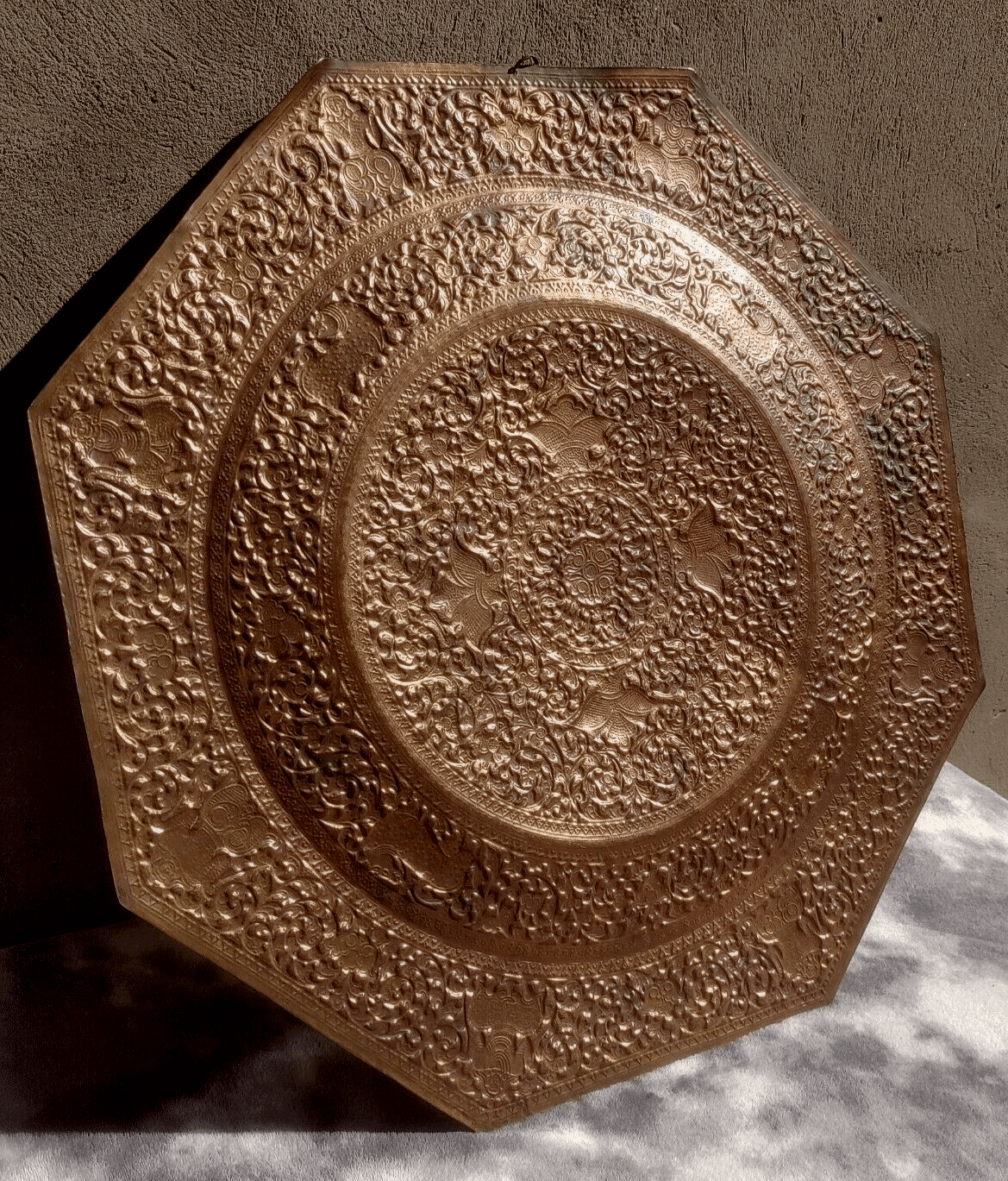 19th Century Antique Indian Hindu Brass Repousse Octagonal Charger Wall Plaque