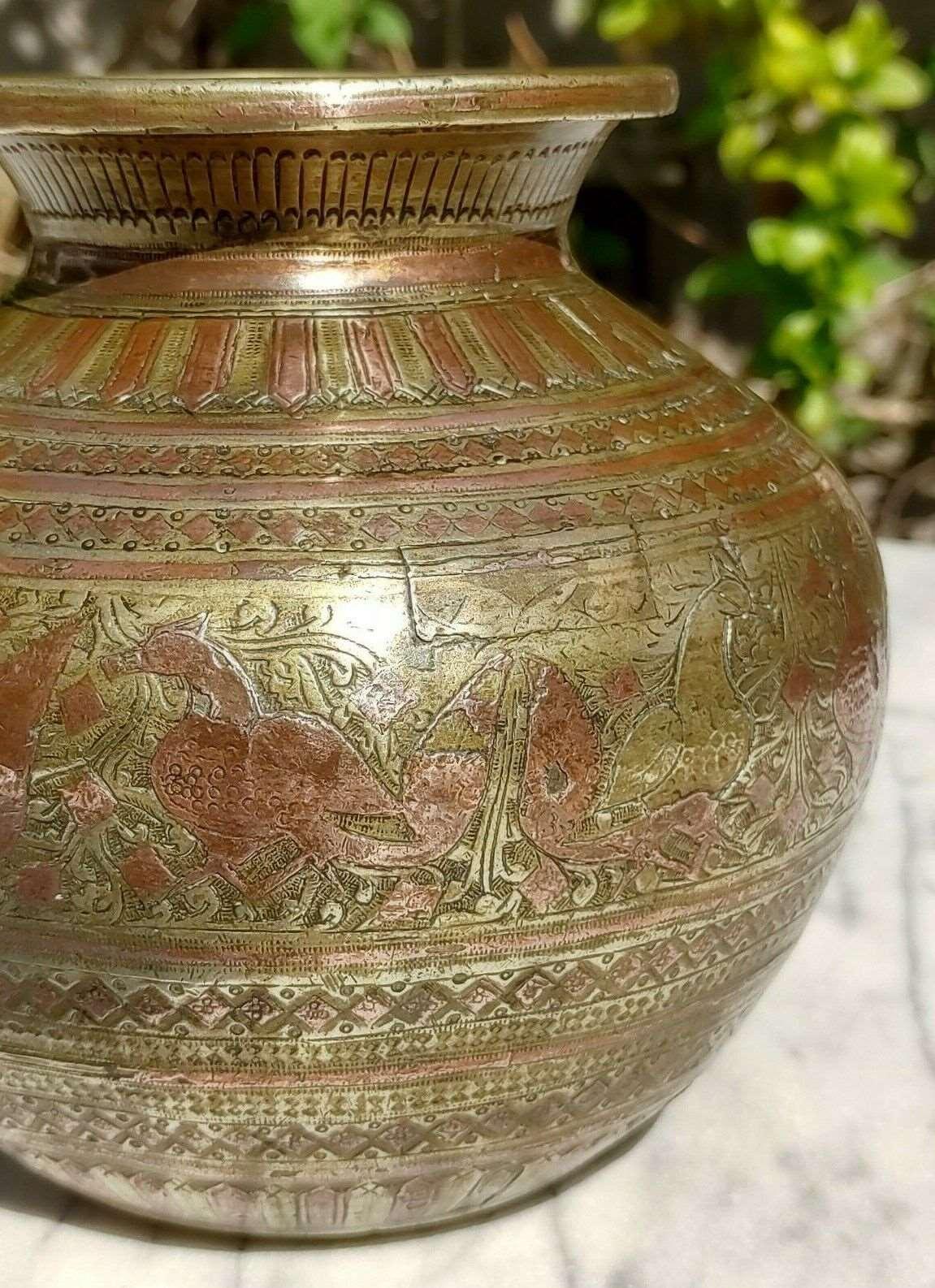 18th Century Indian Brass & Copper Ganga Jamuna Lota Holy Water Pot Vase