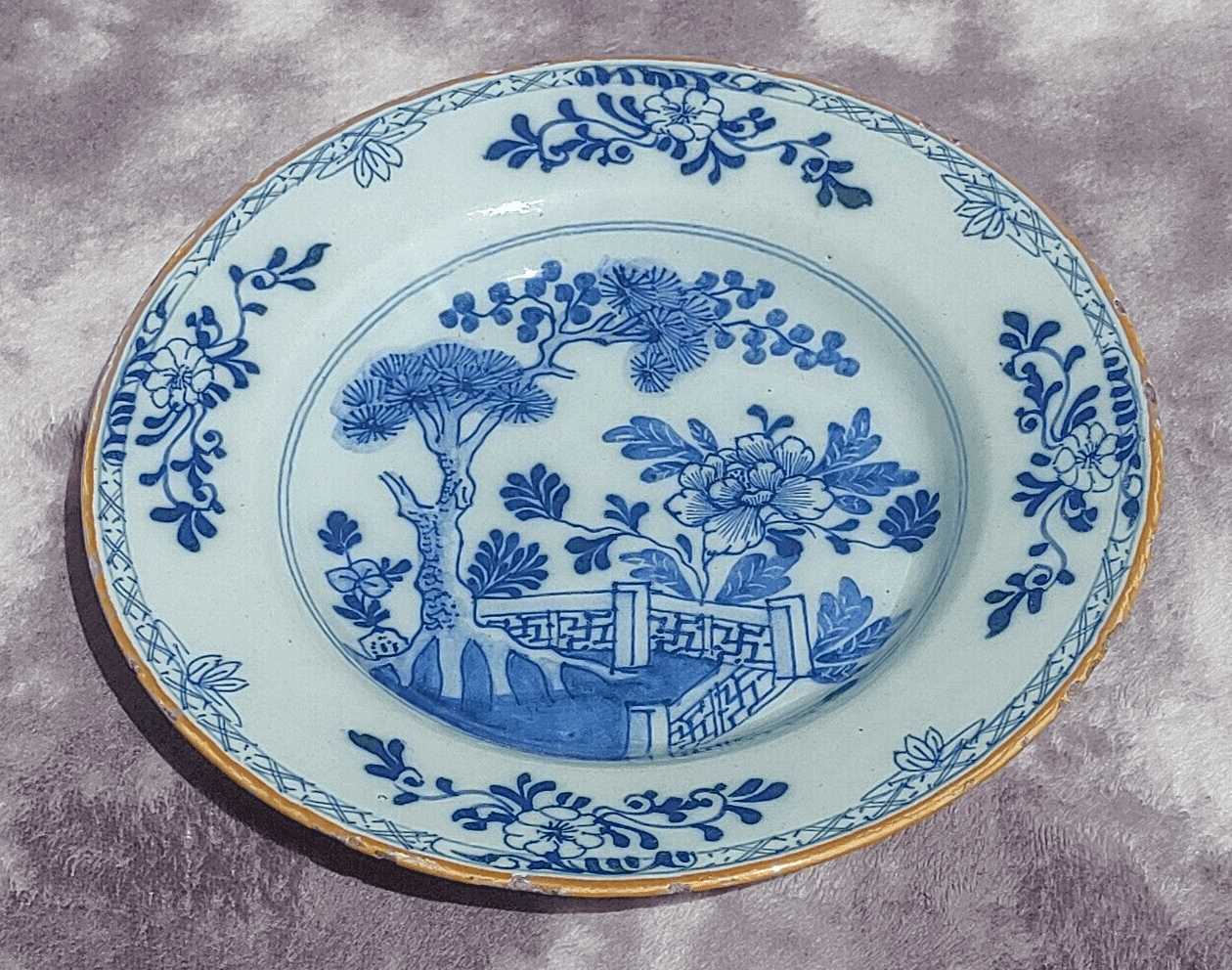 18th Century Dutch Delft Porceleyne Bijl Chinoiserie Ceramic Pottery Dish Plate