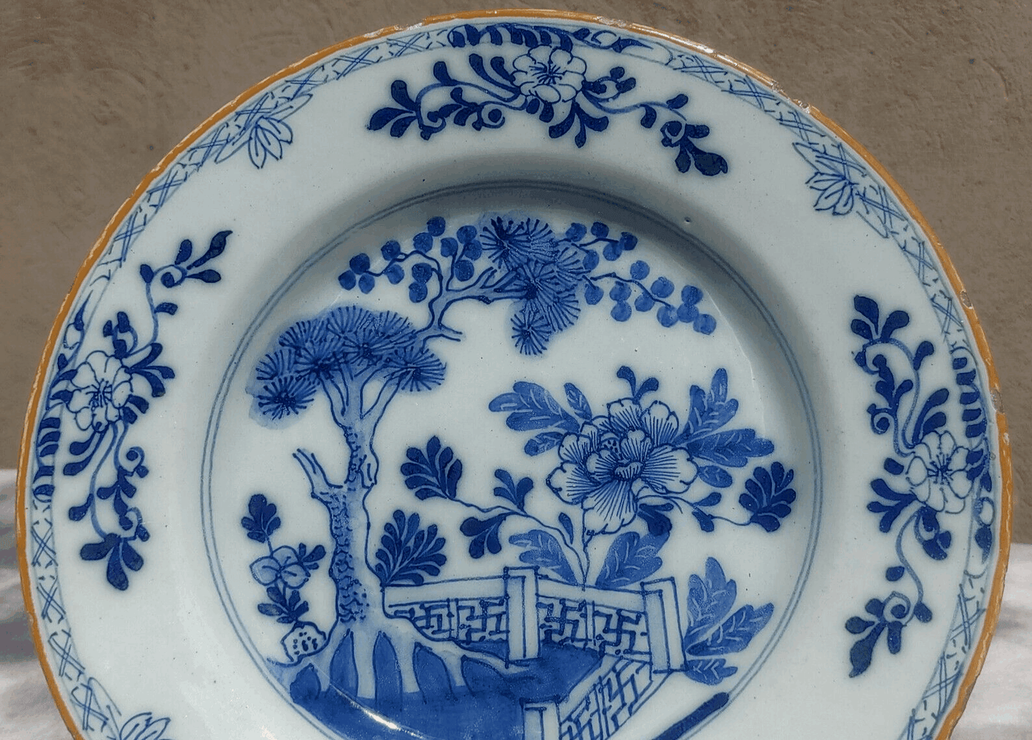 18th Century Dutch Delft Porceleyne Bijl Chinoiserie Ceramic Pottery Dish Plate