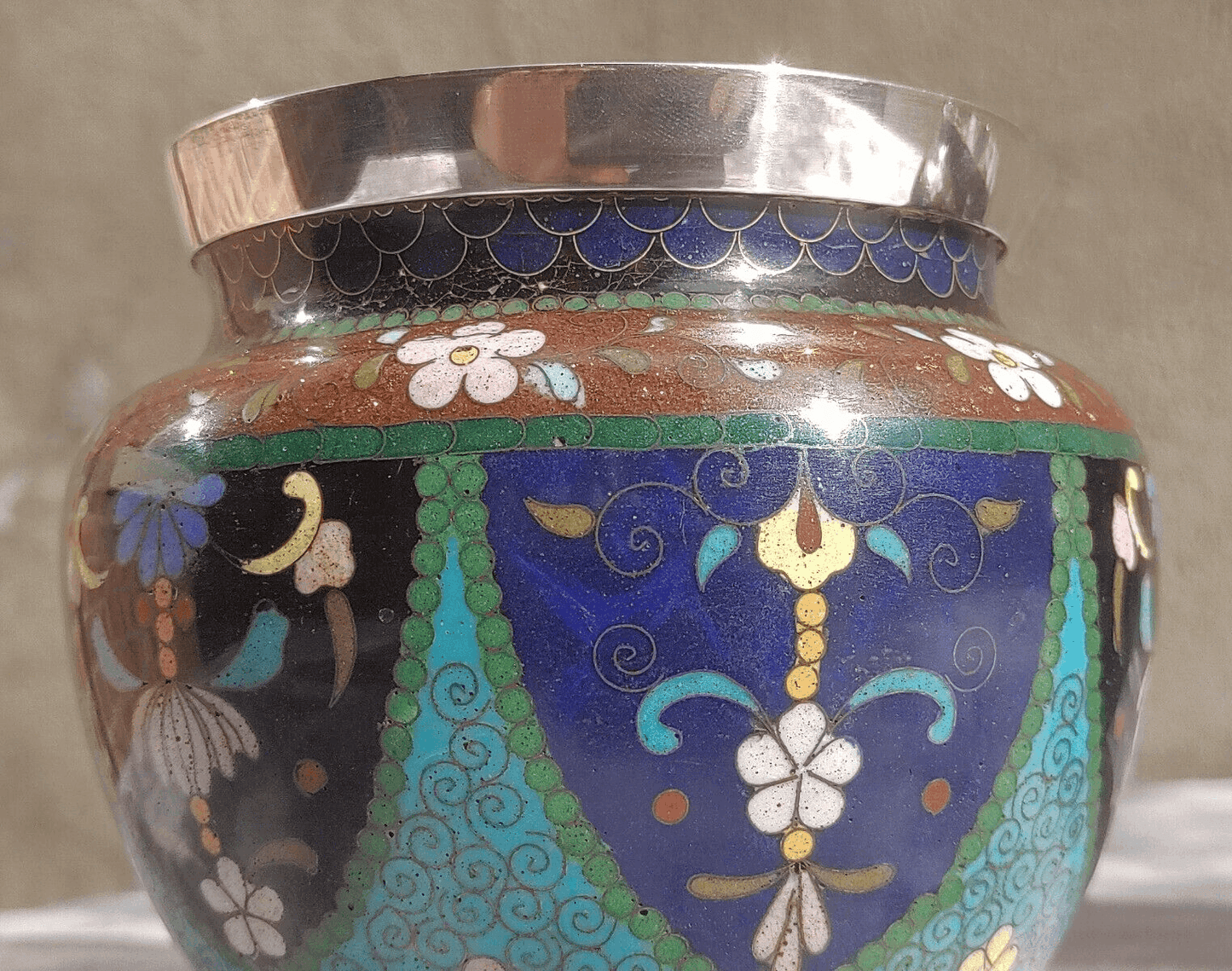 19th Century Antique Japanese Meiji Goldstone Cloisonne Enamel English Silver Vases