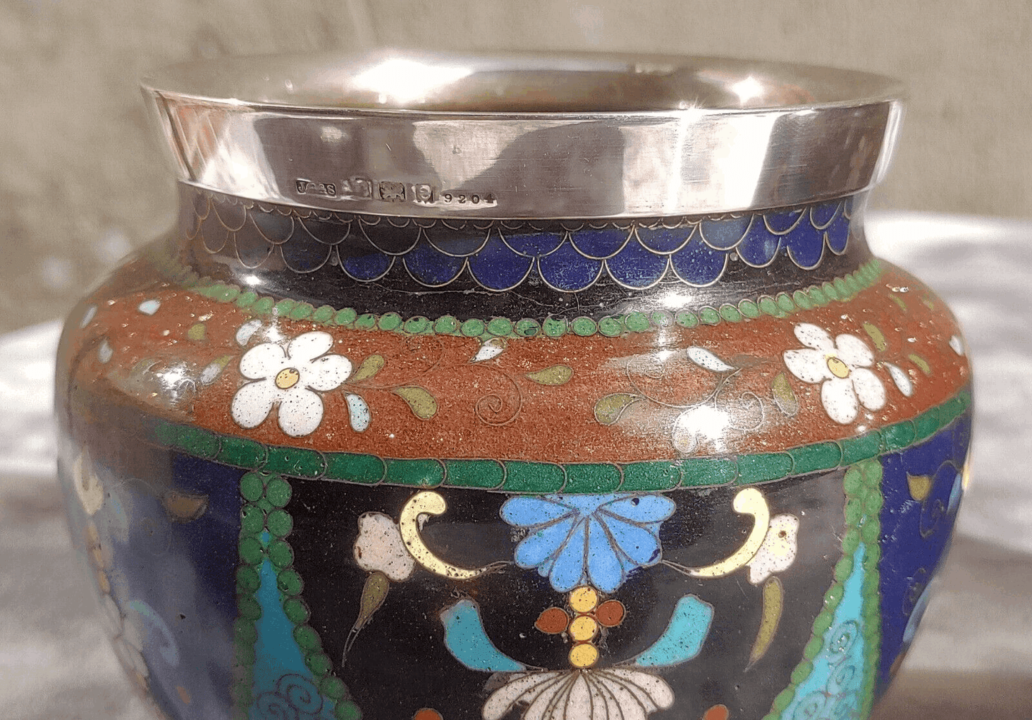 19th Century Antique Japanese Meiji Goldstone Cloisonne Enamel English Silver Vases