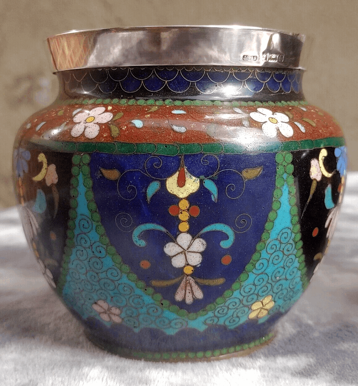 19th Century Antique Japanese Meiji Goldstone Cloisonne Enamel English Silver Vases