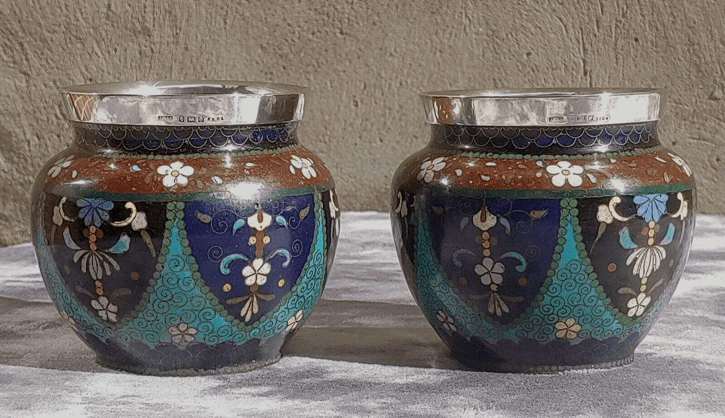 19th Century Antique Japanese Meiji Goldstone Cloisonne Enamel English Silver Vases
