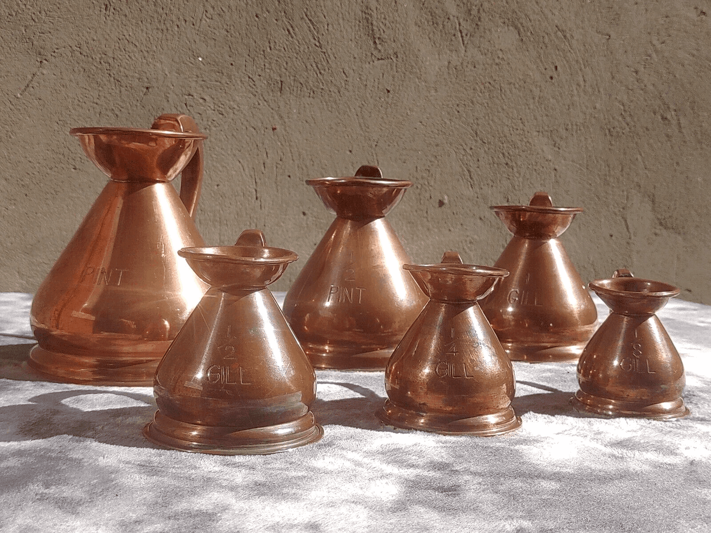 19th Century Antique Victorian English Copper Haystack Measuring Pitcher Jug Set