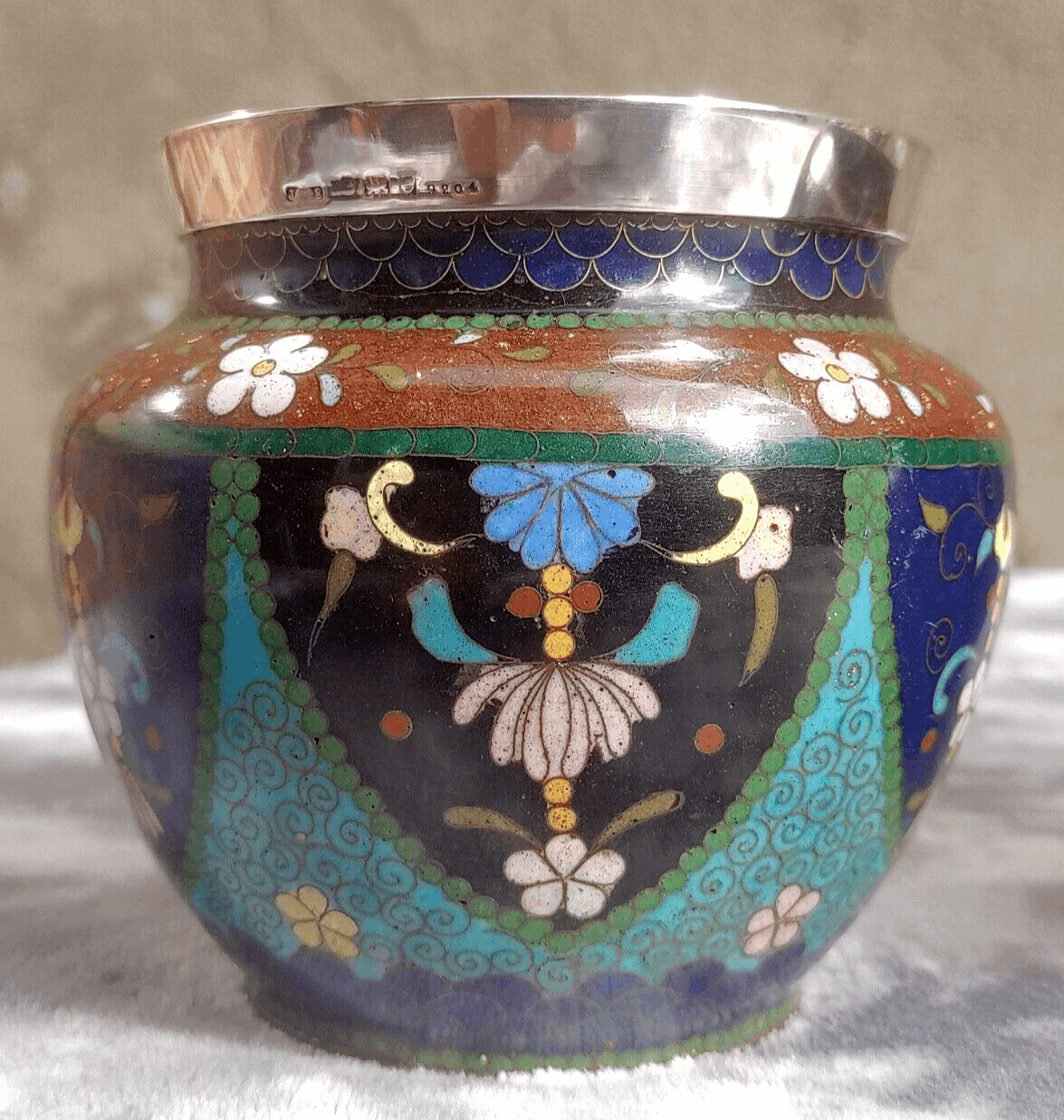19th Century Antique Japanese Meiji Goldstone Cloisonne Enamel English Silver Vases
