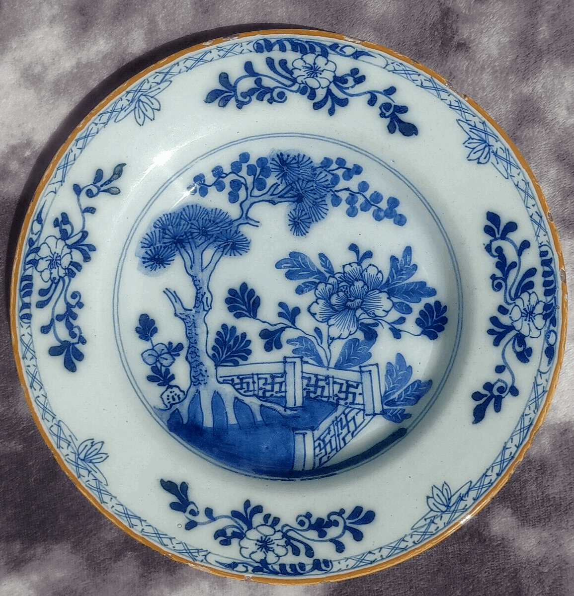 18th Century Dutch Delft Porceleyne Bijl Chinoiserie Ceramic Pottery Dish Plate