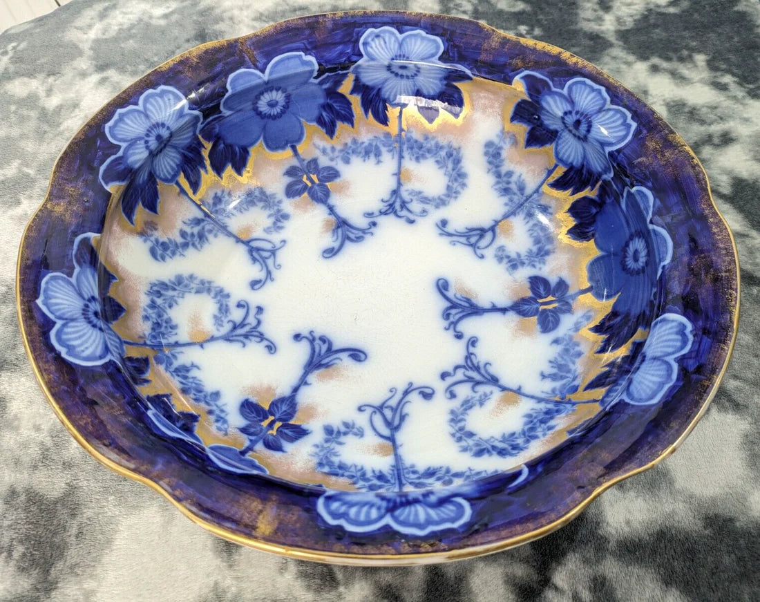 Rare Burgess and Leigh Middleport Briar Pattern Gilt Flow Blue Wash Bowl Basin Antique Edwardian Pottery Ceramic 42.5 cm