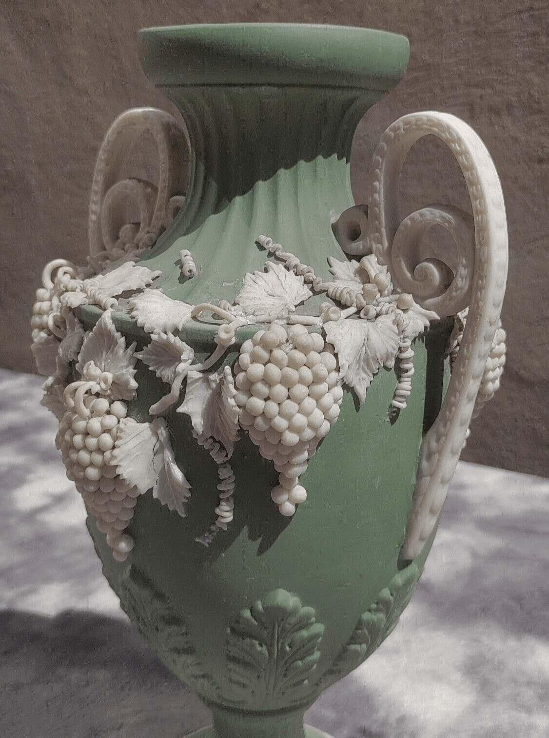 Victorian Antique Green Parian Jasperware Porcelain Vase with Vines & Grapes - 27 cm - Tommy's Treasure
