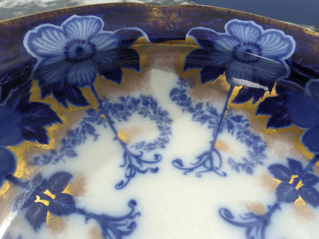 Rare Burgess and Leigh Middleport Briar Pattern Gilt Flow Blue Wash Bowl Basin Antique Edwardian Pottery Ceramic 42.5 cm