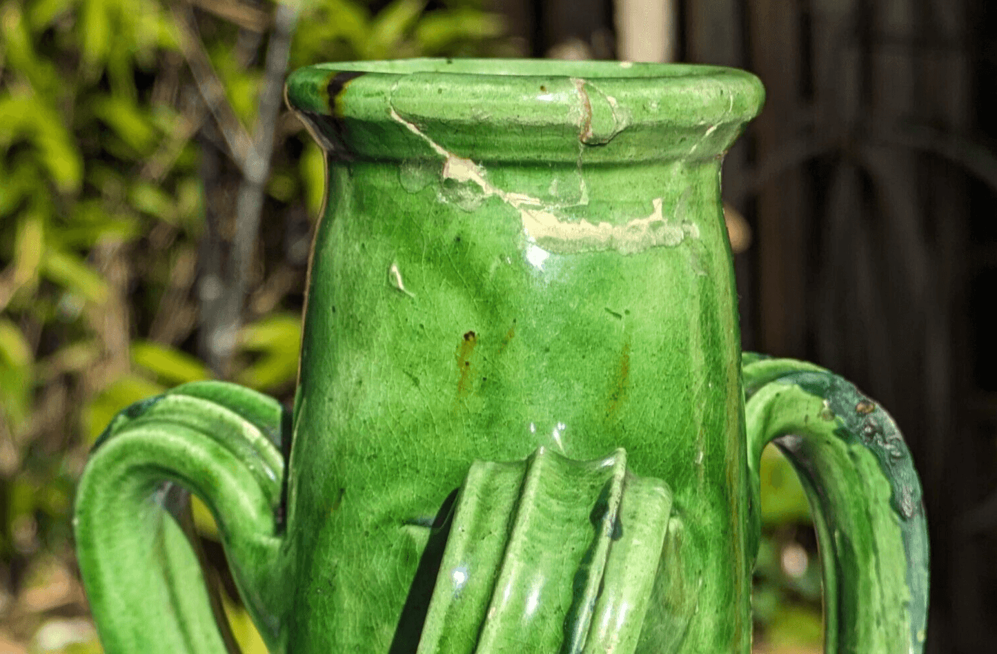 Art Nouveau Green Glazed Twisting Triple Handled Antique Pottery Vase 20 cm - Tommy's Treasure