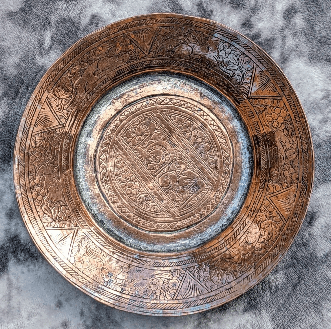 Antique Islamic Ottoman Tinned Copper Dish Engraved Calligraphy Script Animals - Tommy's Treasure