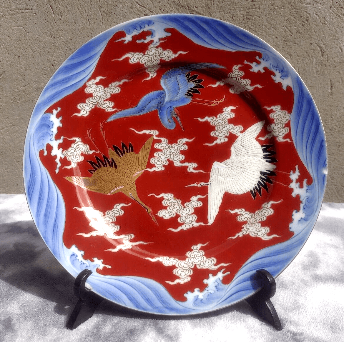 Antique Japanese Meiji Period Fukagawa Seiji Arita Crane Ceramic Plate 24 cm - Tommy's Treasure
