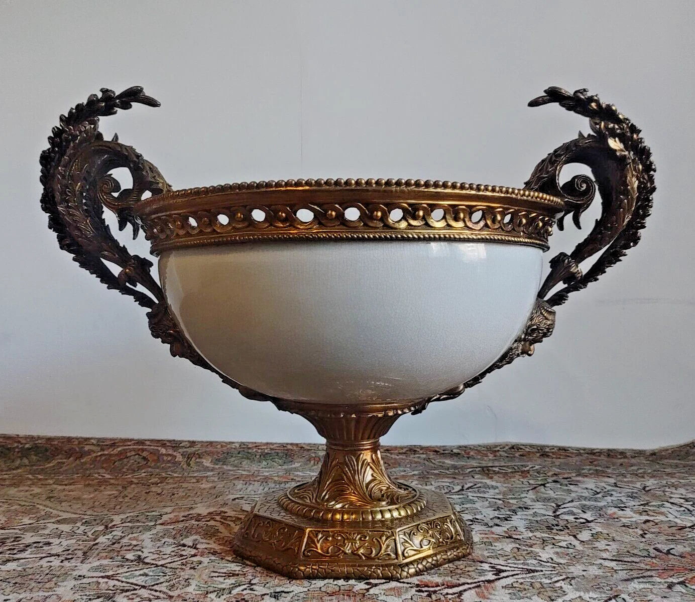 French Louis XVI Antique Style Ceramic Brass Centrepiece Compote Bowl Urn