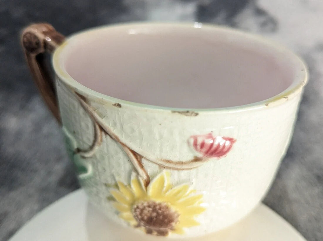Victorian Aesthetic Movement Majolica Sunflower Urn Samuel Lear Teacup and Saucer Antique 19th Century