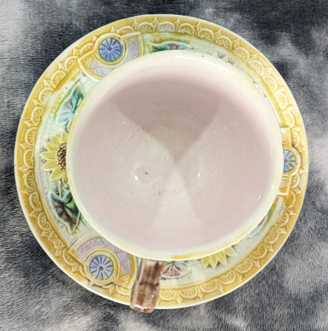 Victorian Aesthetic Movement Majolica Sunflower Urn Samuel Lear Teacup and Saucer Antique 19th Century