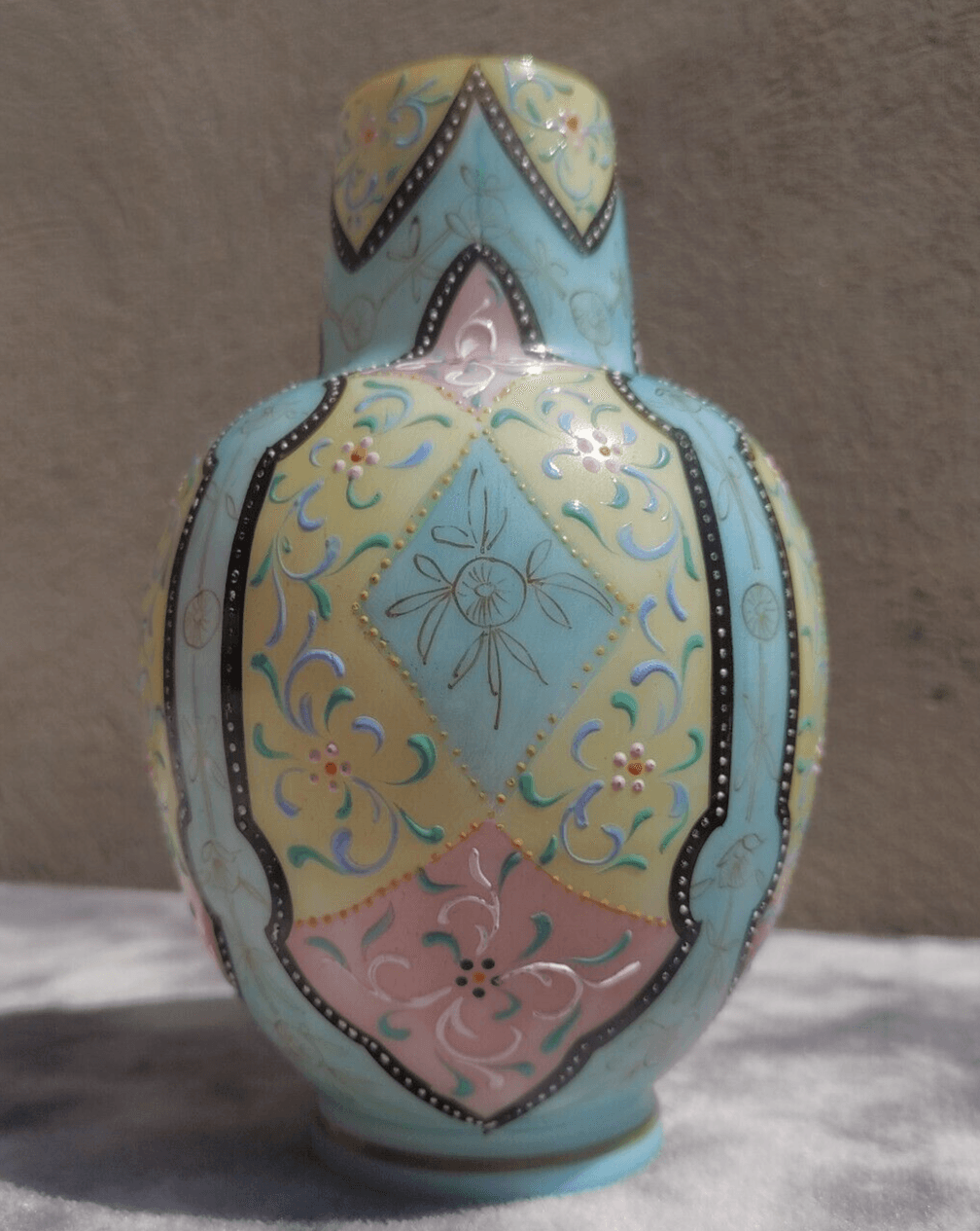 Antique Harrach Bohemian Czech Glass Victorian Blue Pink Cream Moroccan Vase - Tommy's Treasure