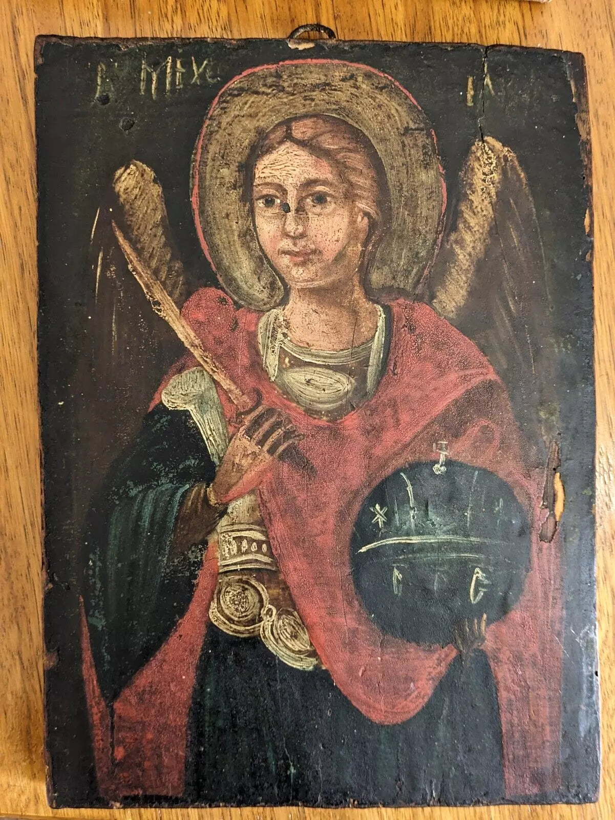 18 19th Century Oil Panel Archangel Michael Orthodox Religious Icon Painting Art