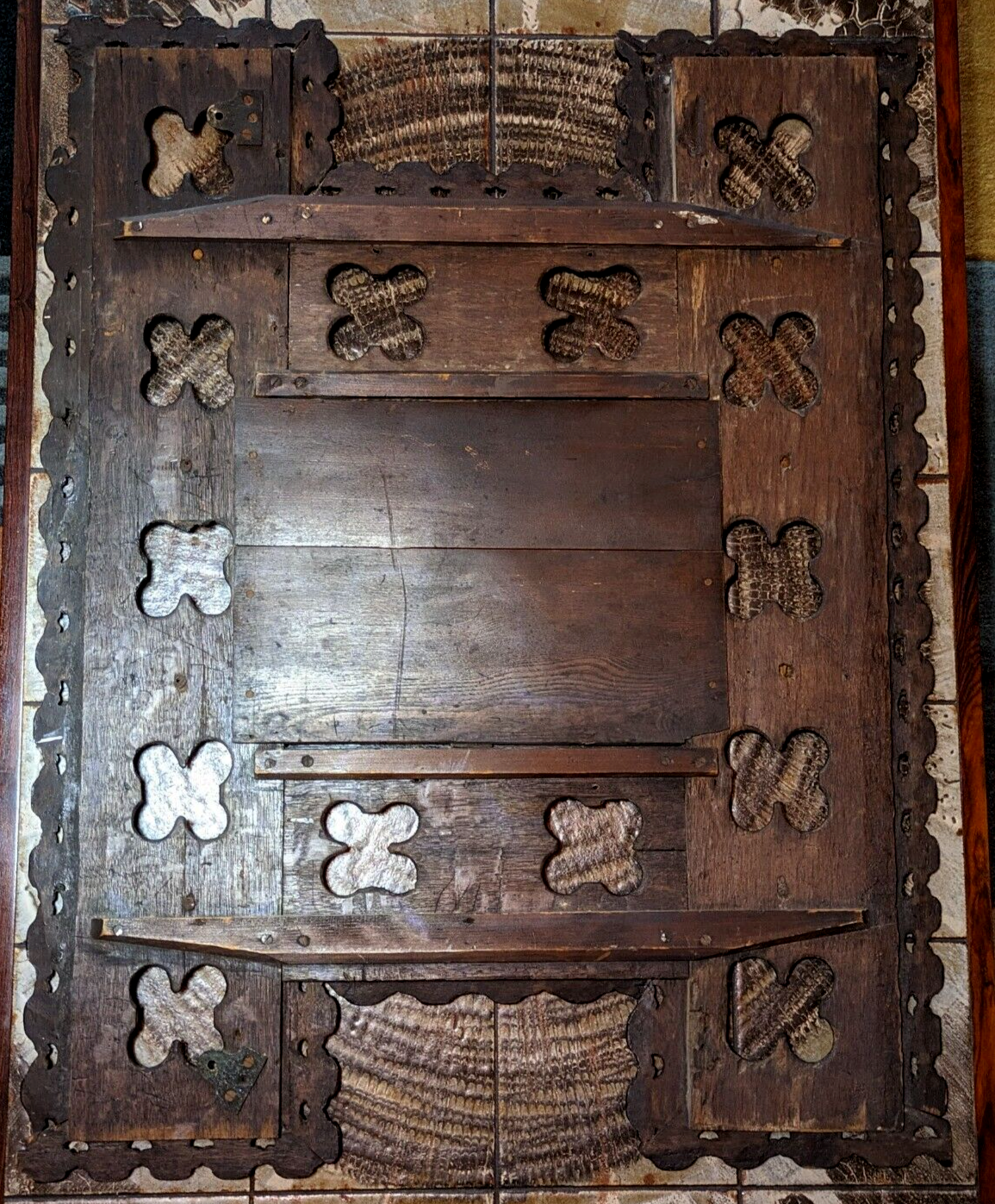 15th Century Gothic Carved Oak Wood Quatrefoil Tracery Panel Antique 19th Mirror