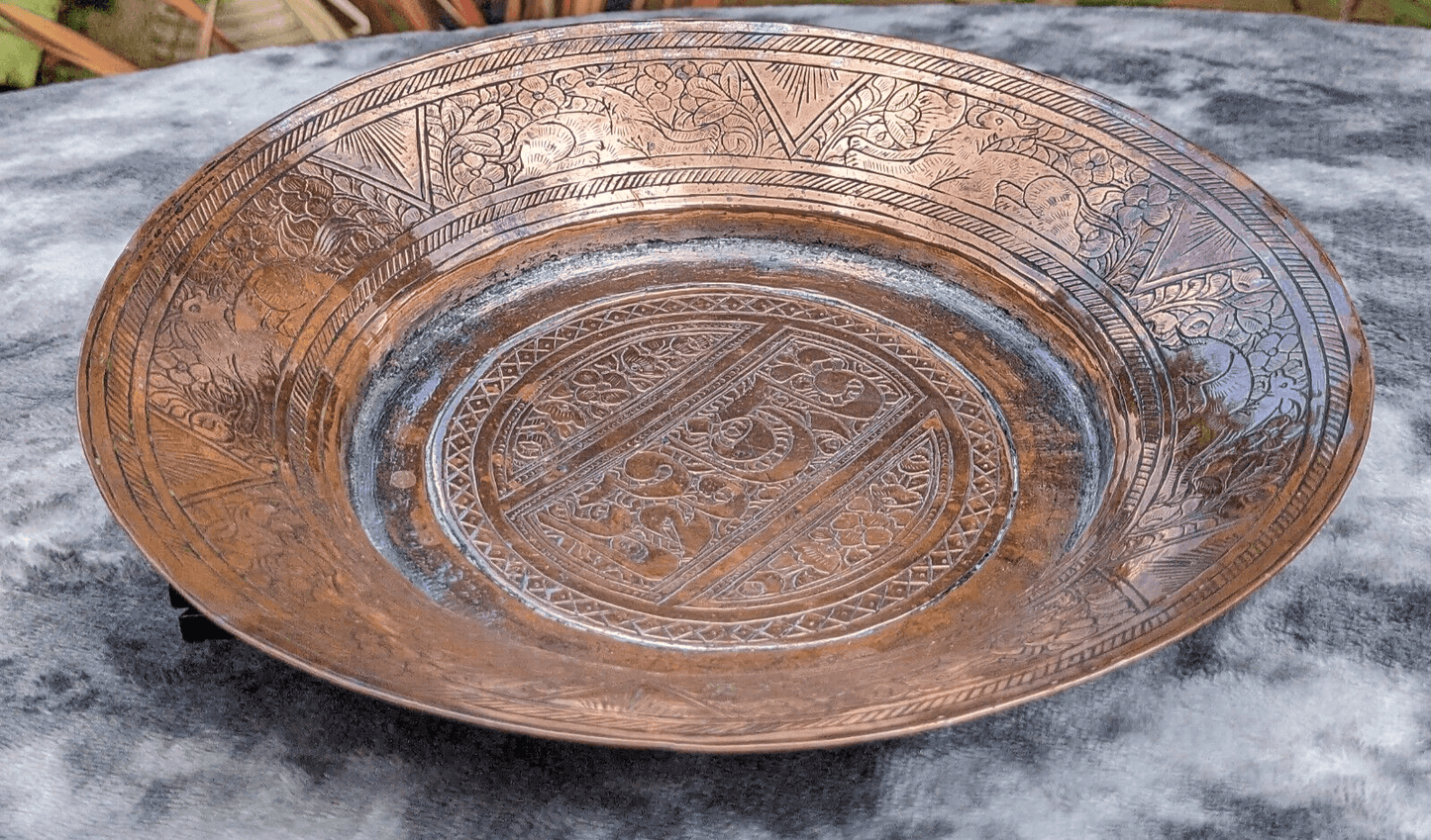 Antique Islamic Ottoman Tinned Copper Dish Engraved Calligraphy Script Animals - Tommy's Treasure