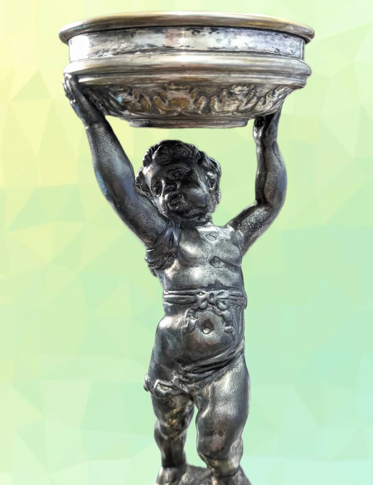 Antique WMF Art Nouveau Figural Silver Plate Cherub Bowl Enamelled Blue Glass