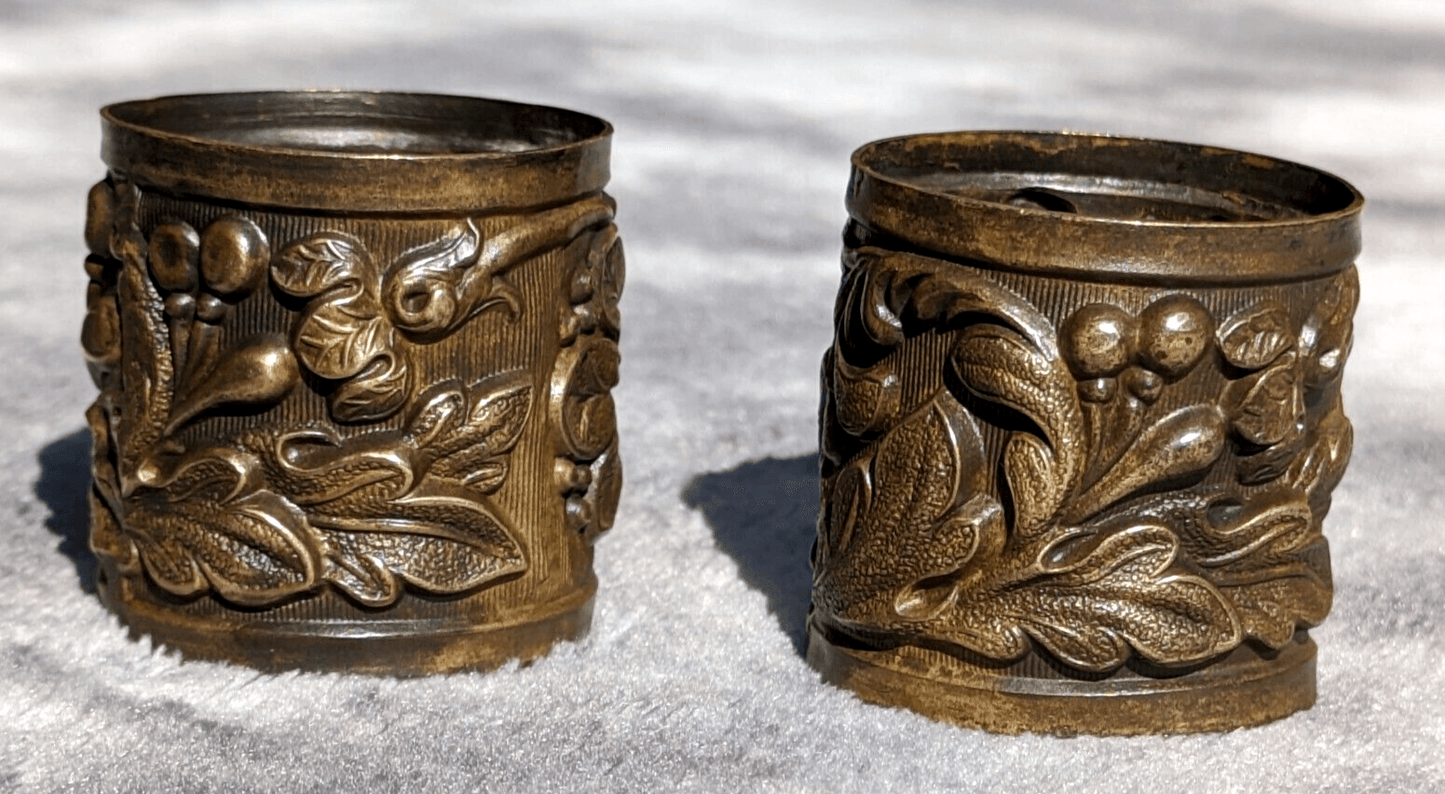 Antique Pair of Art Nouveau Floral Repousse Brass Napkin Serviette Rings - Tommy's Treasure