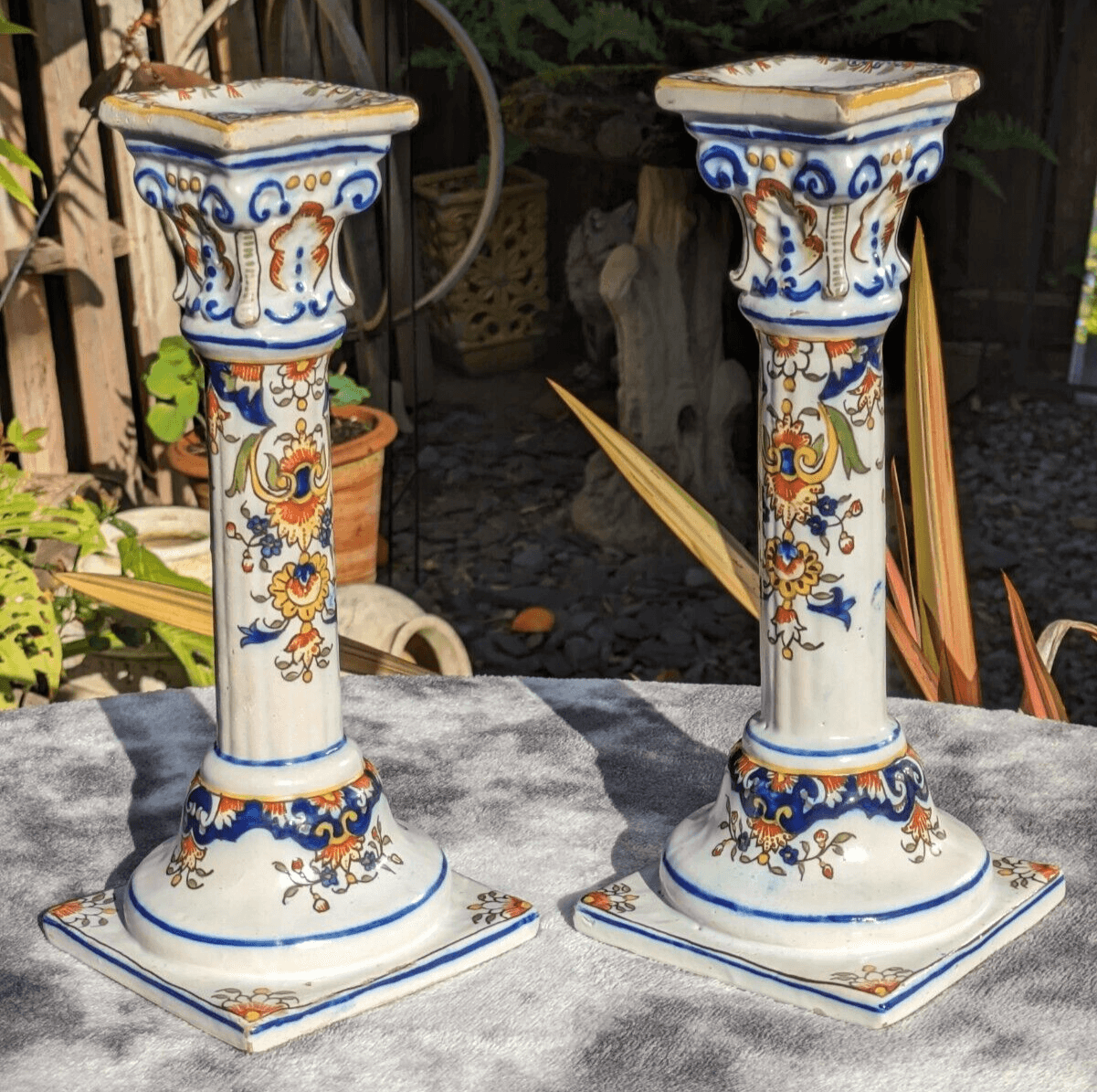 19th Century Pair of French Desvres Rouen Faience Antique Pottery Candlestick Holders - Tommy's Treasure