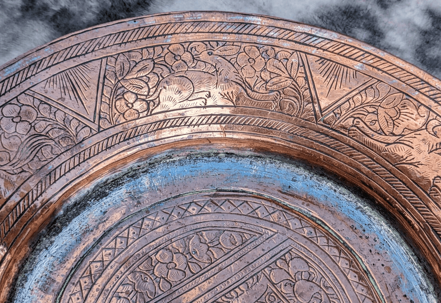 Antique Islamic Ottoman Tinned Copper Dish Engraved Calligraphy Script Animals - Tommy's Treasure