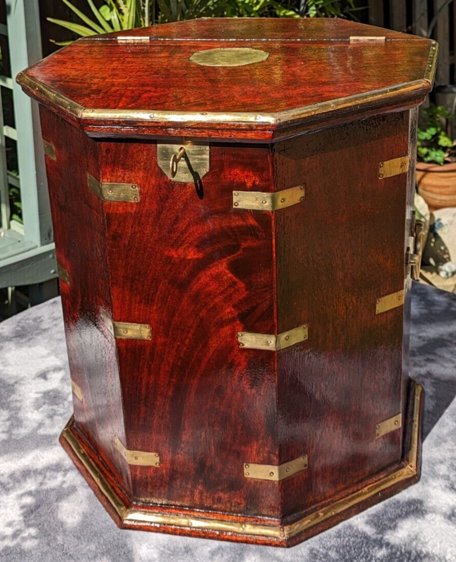 19th Century English Antique Octagonal Mahogany Brass Antique Campaign Table Box
