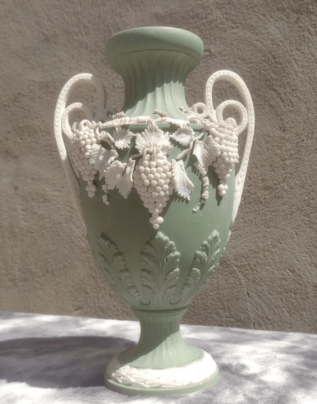 Victorian Antique Green Parian Jasperware Porcelain Vase with Vines & Grapes - 27 cm - Tommy's Treasure