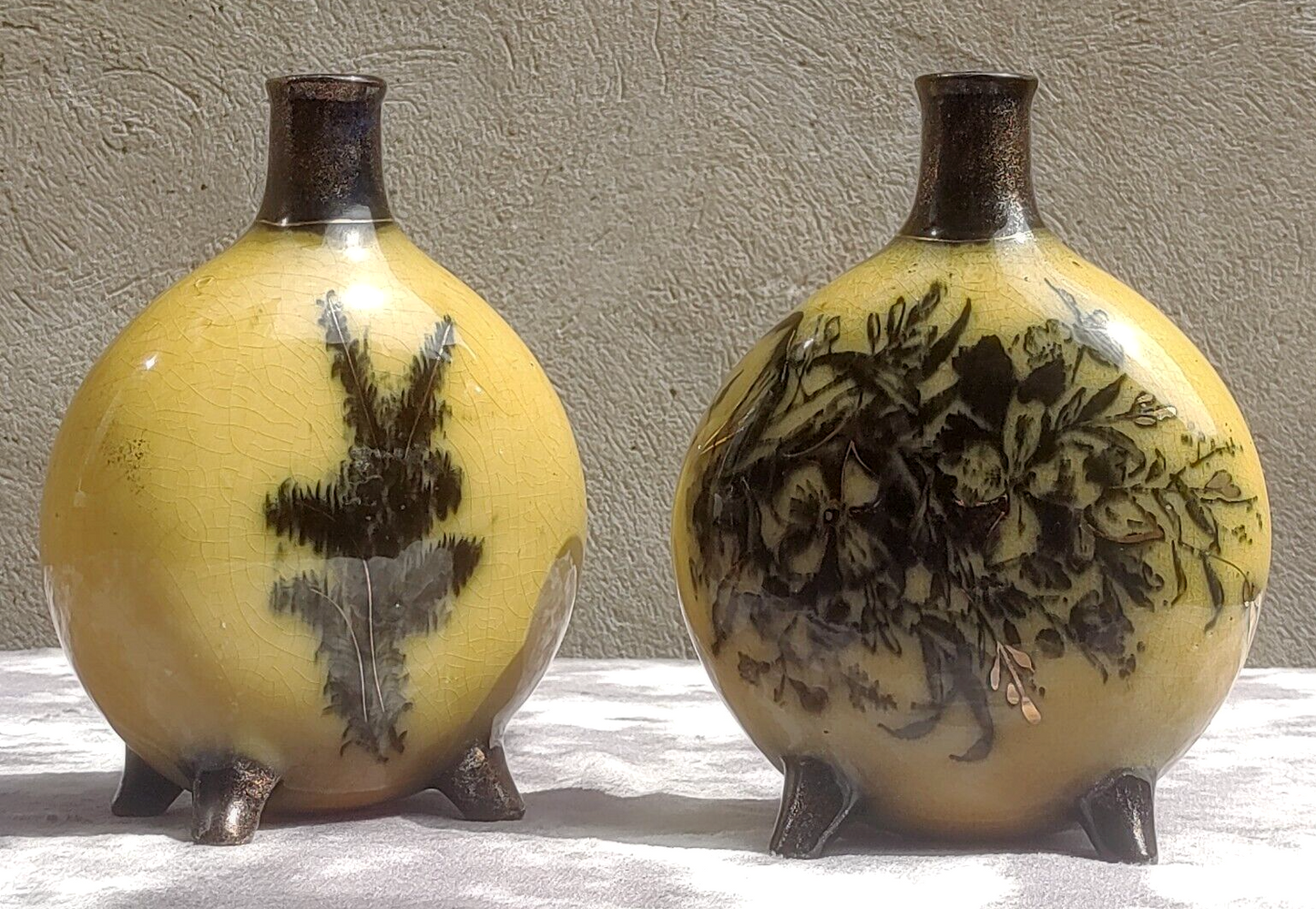 Antique Victorian Pair of Ceramic Iris Moon Flask Pottery Vases