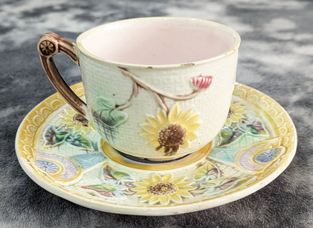 Victorian Aesthetic Movement Majolica Sunflower Urn Samuel Lear Teacup and Saucer Antique 19th Century
