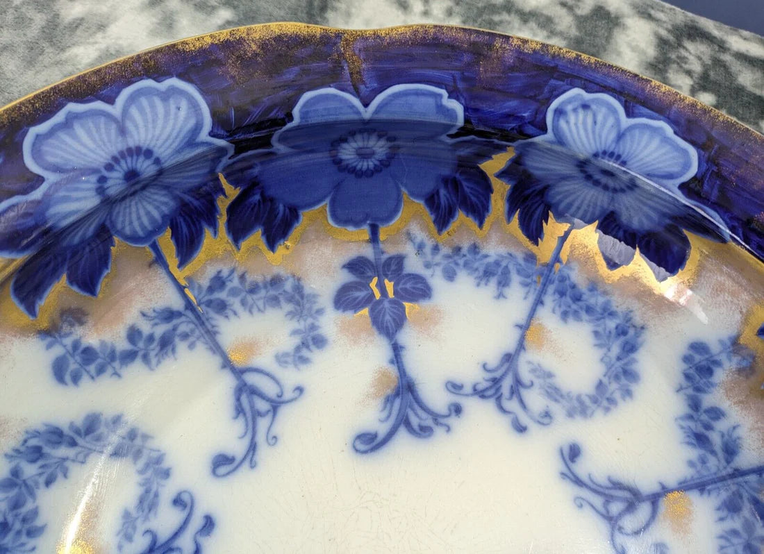 Rare Burgess and Leigh Middleport Briar Pattern Gilt Flow Blue Wash Bowl Basin Antique Edwardian Pottery Ceramic 42.5 cm
