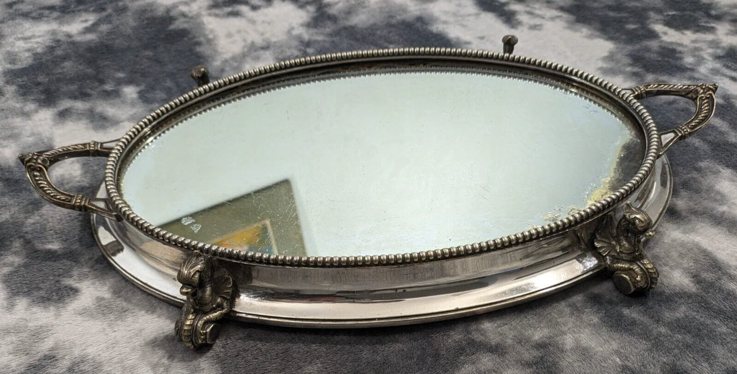 19th Century Victorian Oval Silver Plate Mirror Table Centerpiece Plateau Griffin Tray Antique 43 cm