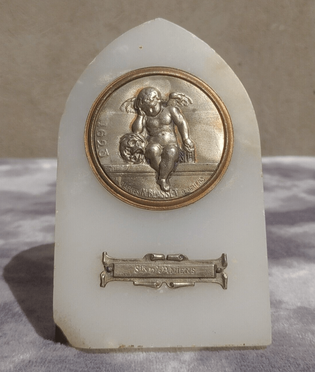 Antique French Marble Display Plaque Weeping Angel of Amiens WW1 Memento Souvenir - Tommy's Treasure