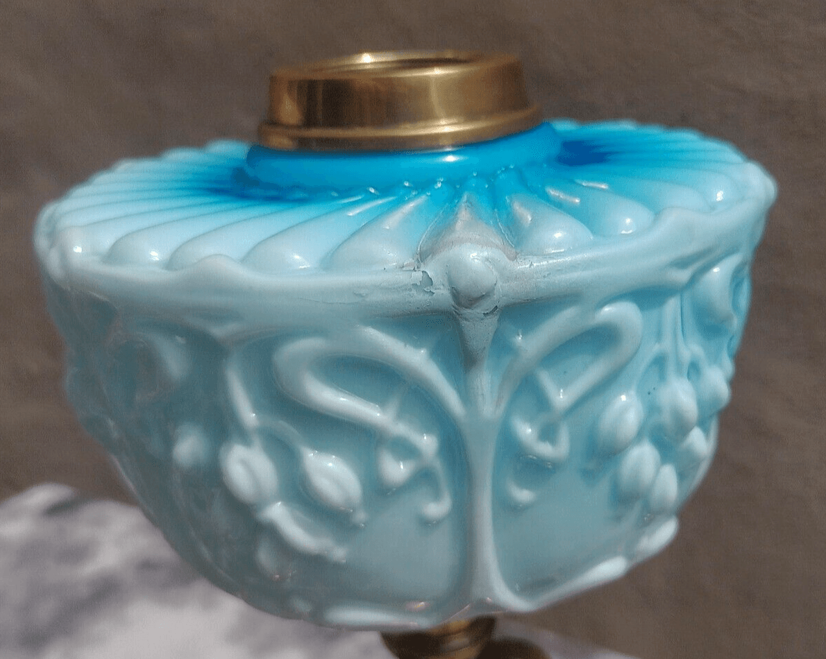 Victorian Art Nouveau Antique Moulded Turquoise Blue Opaline Glass Oil Lamp Font - Tommy's Treasure