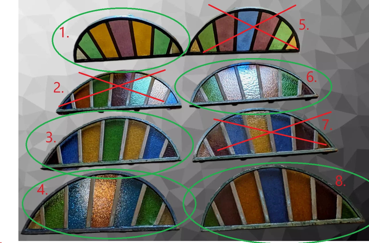5x 19th Century Stained Glass Demi Lune Cast Iron Window Arch Panels