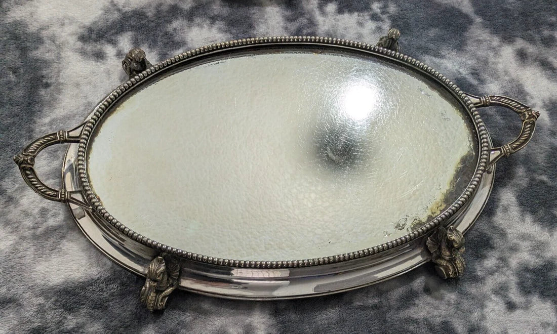 19th Century Victorian Oval Silver Plate Mirror Table Centerpiece Plateau Griffin Tray Antique 43 cm
