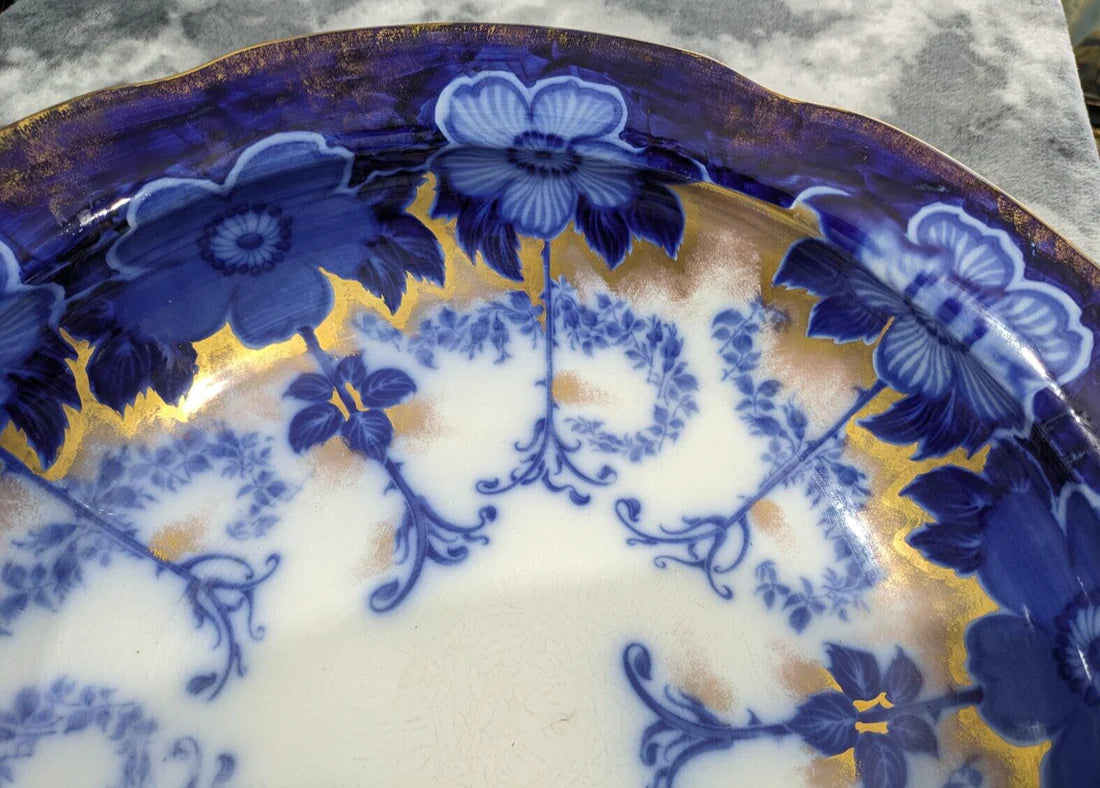 Rare Burgess and Leigh Middleport Briar Pattern Gilt Flow Blue Wash Bowl Basin Antique Edwardian Pottery Ceramic 42.5 cm