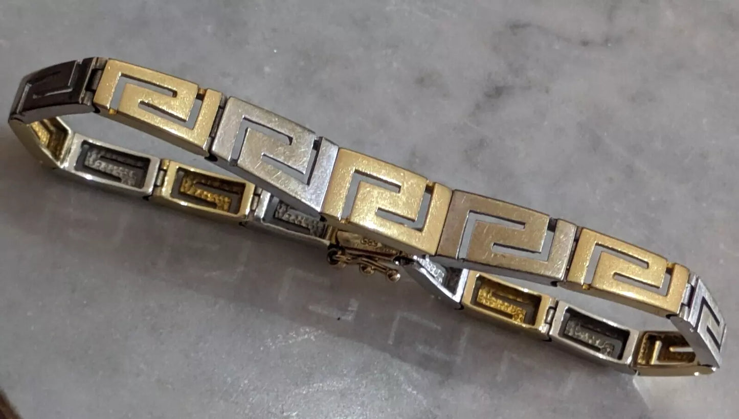 Solid 14ct Carat Yellow White Gold Greek Key Link Bracelet Jewellery 7.75" 15.7g