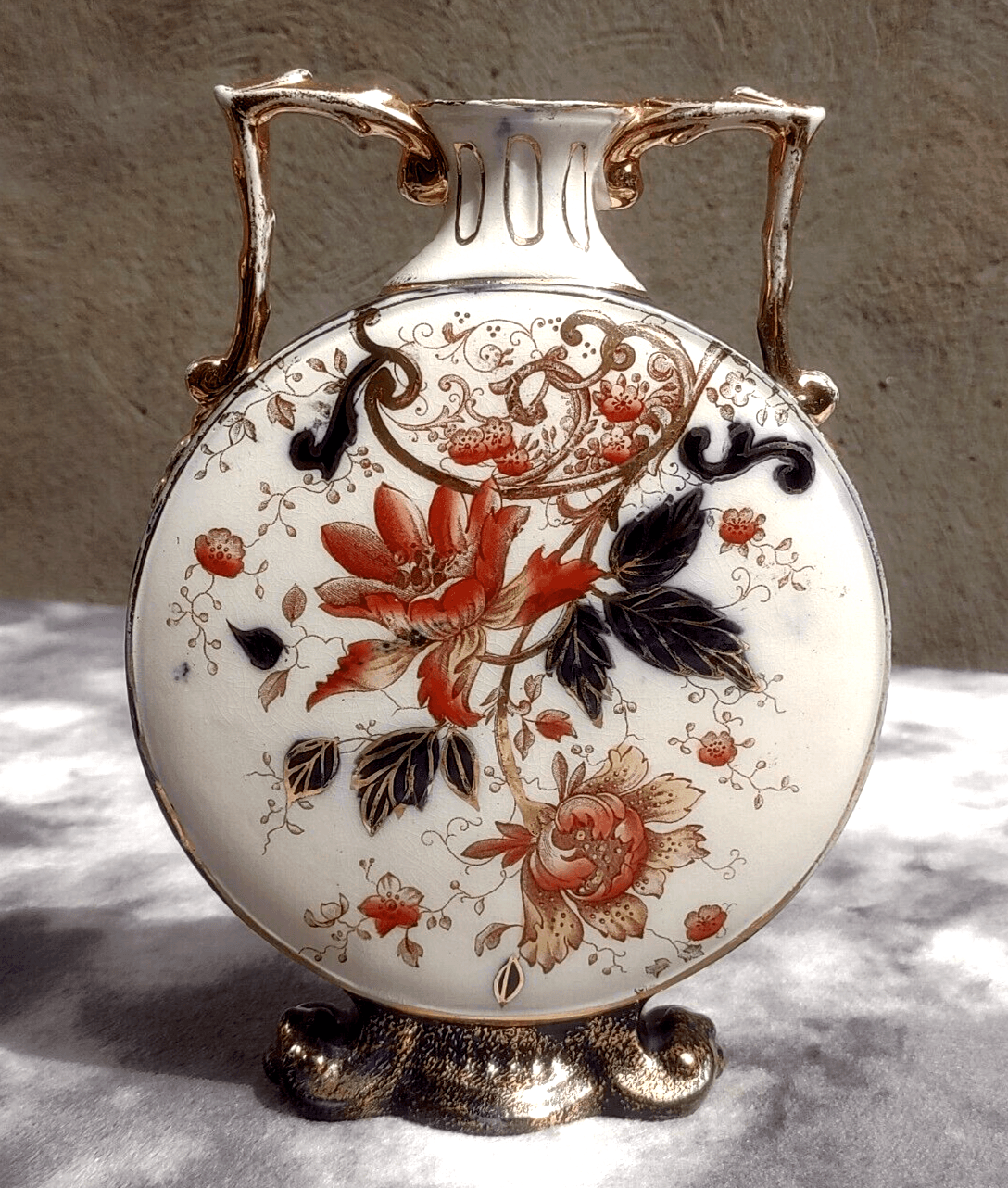 Victorian 1891 Ceramic Moon Flask Vase Antique Staffordshire Imari Style 19.5 cm - Tommy's Treasure